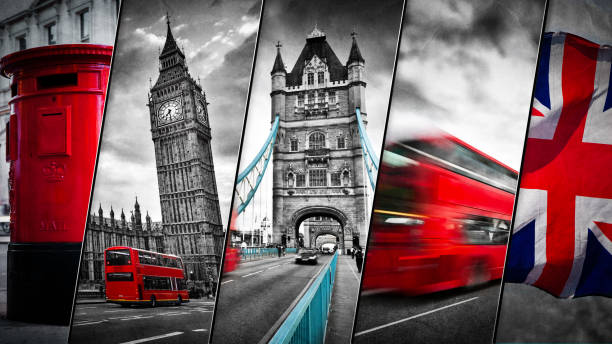 коллаж из символов лондона, великобритания - clock tower фотографии стоковые фото и изображения