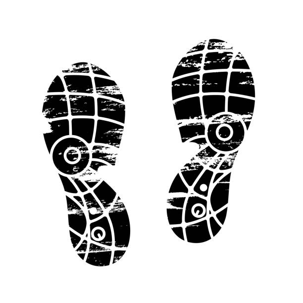 Footprints and shoeprints icon in black and white showing bare feet and the imprint of the soles with patterns of male and female footwear. Shoes boots imprint Footprints and shoeprints icon in black and white showing bare feet and the imprint of the soles with patterns of male and female footwear. Shoes boots imprint. high heel footprint stock illustrations