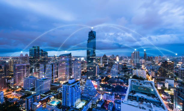 istock Blue high-tech tone of cityscape conneted line, technology concept, internet of things conceptual 945082416