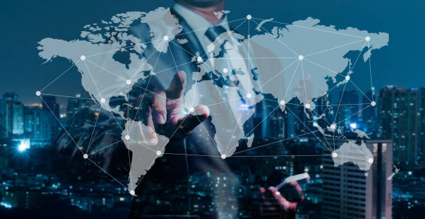 istock Double exposure of business man working with globalization concept and connected line, internet of things conceptual 945082472