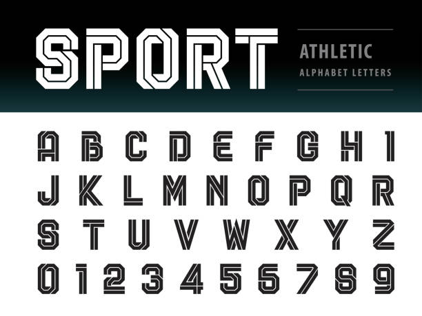 illustrazioni stock, clip art, cartoni animati e icone di tendenza di vettore di alfabeto atletico lettere e numeri, geometric font technology, sport, futuro futuristico - athletic event