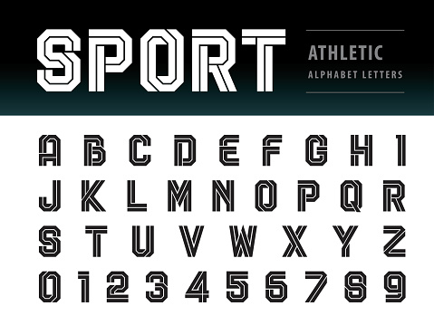 Vector of Athletic Alphabet Letters and numbers, Geometric Font Technology, Sport, Futuristic Future, Bold Letters set for Force, school, army, power, academy, College, University, fitness, sportswear, gym, Varsity