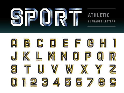 Vector of Athletic Alphabet Letters and numbers, Geometric Font Technology, Sport, Futuristic Future, Fill and Line Letters set for Force, school, army, power, academy, College, University, fitness, sportswear, gym, Varsity