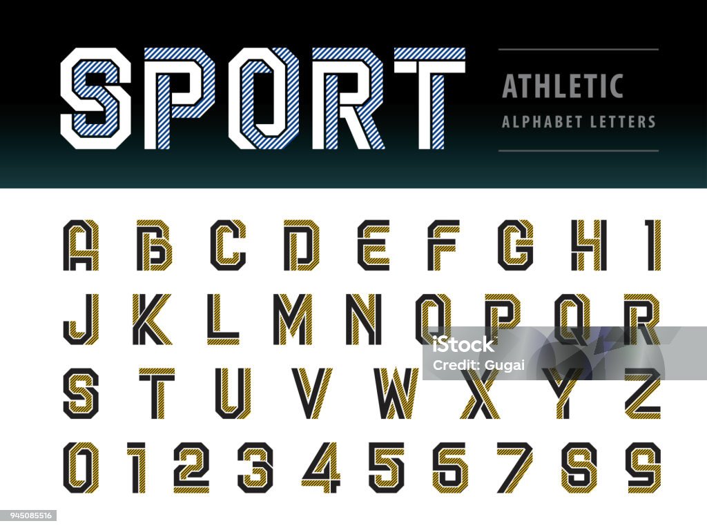 Vector of Athletic Alphabet Letters and numbers, Geometric Font Technology, Sport, Futuristic Future Vector of Athletic Alphabet Letters and numbers, Geometric Font Technology, Sport, Futuristic Future, Fill and Line Letters set for Force, school, army, power, academy, College, University, fitness, sportswear, gym, Varsity Soccer stock vector