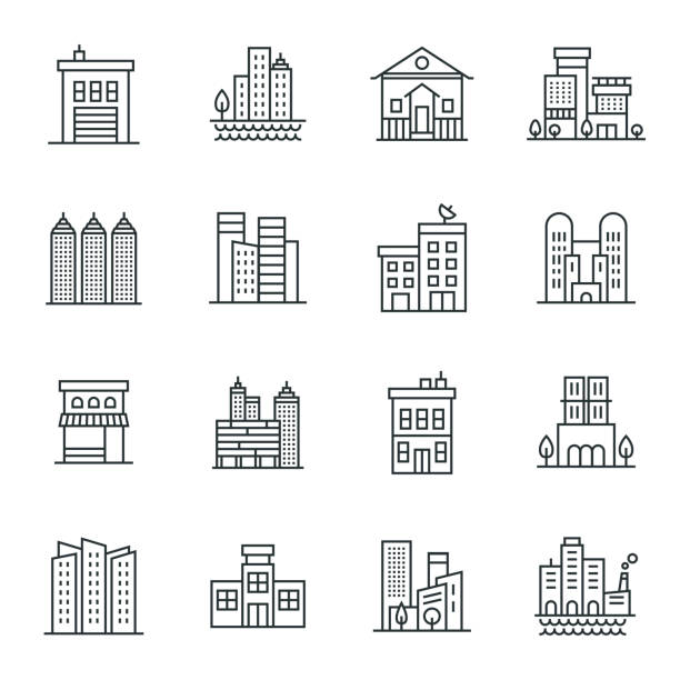 ilustraciones, imágenes clip art, dibujos animados e iconos de stock de conjunto de iconos de edificios - city symbol