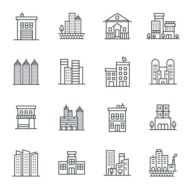 ilustrações de stock, clip art, desenhos animados e ícones de buildings icon set - shopping mall illustrations