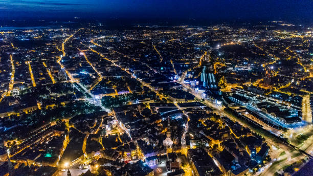 istock Riga city Night time bridge Autumn Drone flight 945086140
