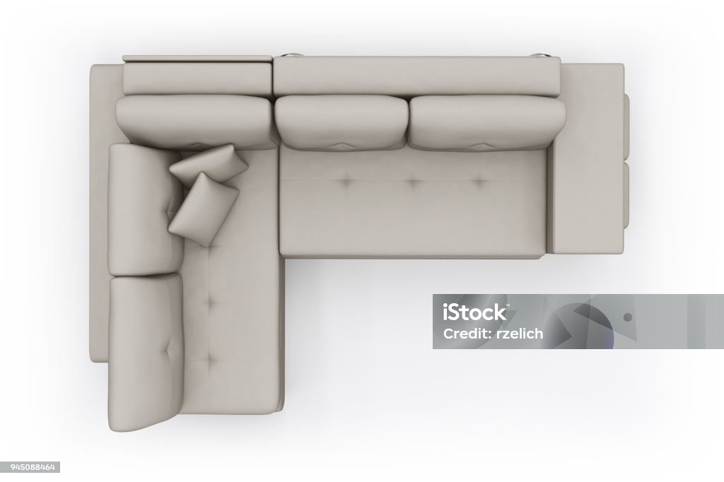 Corner settee from top view Beige corner settee with pillows seen from the top, 3d render Sofa Stock Photo