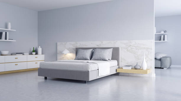 sypialnia i nowoczesny loft styl., przytulny biały i szary pokój minimalistyczny koncepcji, łóżko z polerowaną betonową podłogą i białą ścianą, renderowanie 3d - otwarta przestrzeń ustawienia zdjęcia i obrazy z banku zdjęć