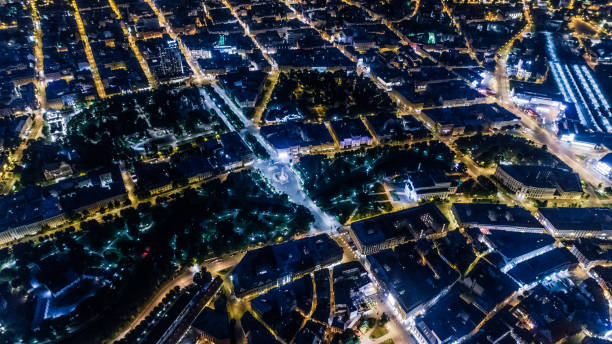 istock Riga city Night time old town Autumn Drone flight 945088700