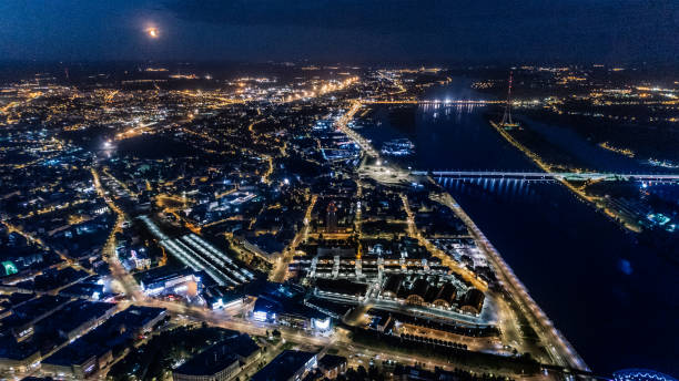 istock Riga city Night time bridge Autumn Drone flight 945088822
