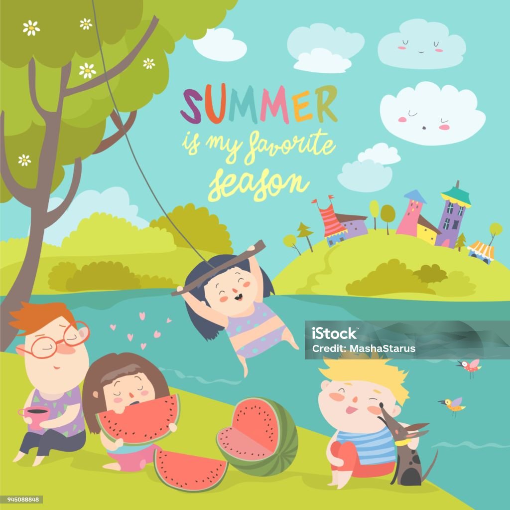 Kids eating watermelon. Summer picnic by the river bank Kids eating watermelon. Summer picnic by the river bank. Vector illustration Natural Parkland stock vector