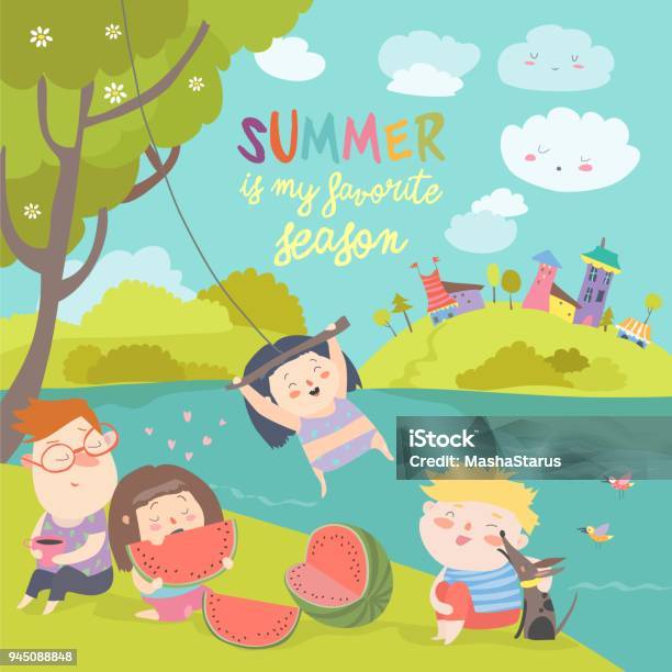 Kids Eating Watermelon Summer Picnic By The River Bank Stock Illustration - Download Image Now