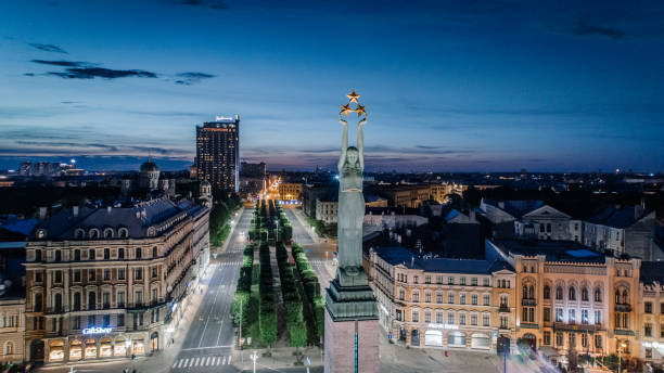 istock Riga city Night time bridge Autumn Drone flight Milda 945089178