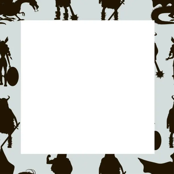 Vector illustration of Viking  characters . Valkyrie, berserker, warrior, old man, god Odin, god Thor, drakkar, dragon, girl, boy.Vector canvas. Black silhouette.