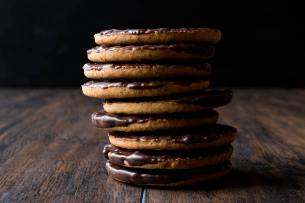 istock Stack of Chocolate Covered Round Jaffa Cookies / Whole Wheat. 945093948