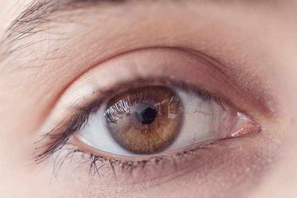 istock Young woman open eyes close up view 945094402