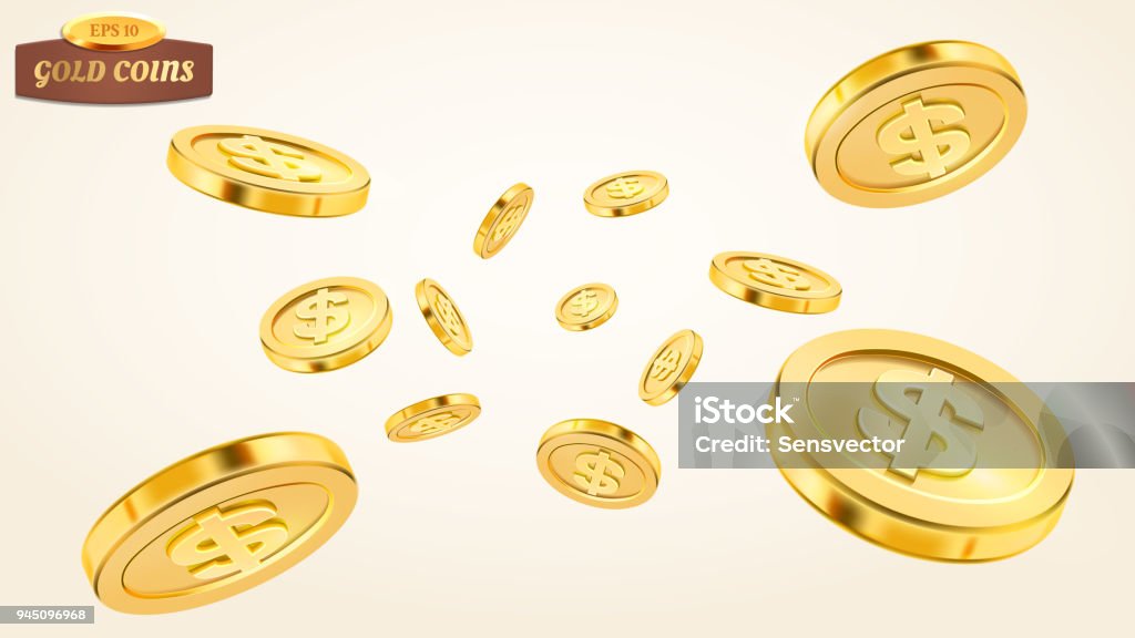 Realistic gold coin explosion or splash on white background. Rain of golden coins. Falling or flying money. Bingo jackpot or casino poker or win element. Cash treasure concept. Vector 3d Realistic gold coin explosion or splash on white background. Rain of golden coins. Falling or flying money. Bingo jackpot or casino poker or win element. Cash treasure concept. Vector 3d illustration Coin stock vector