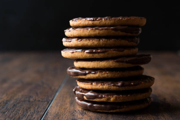 istock Stack of Chocolate Covered Round Jaffa Cookies / Whole Wheat. 945097902