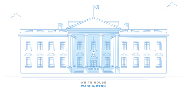 White House, Washington, stylized, freehand design. Front view of the White House. United States
