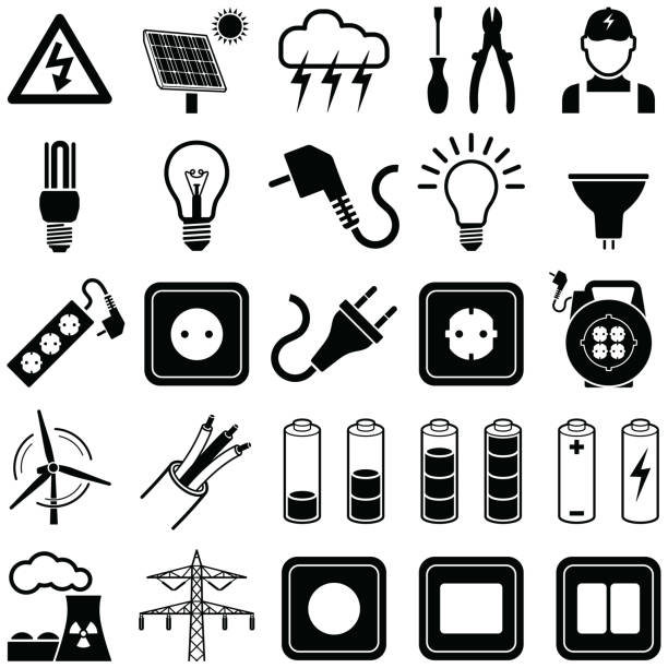 Electricity icons Electricity icon collection - vector silhouette illustration electrician stock illustrations