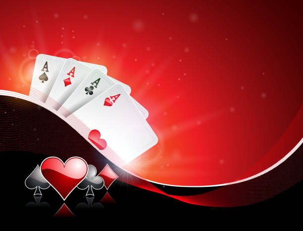 istock Vector illustration on a casino theme with playing suit and poker cards on red background. Gambling design for invitation or promo banner. 945110068