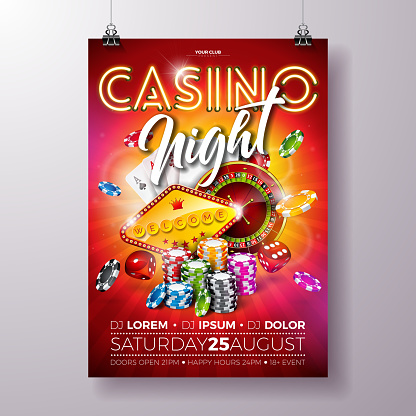 Vector Casino night flyer illustration with roulette wheel and shiny neon light lettering on red background. Luxury gambling invitation poster template design concept