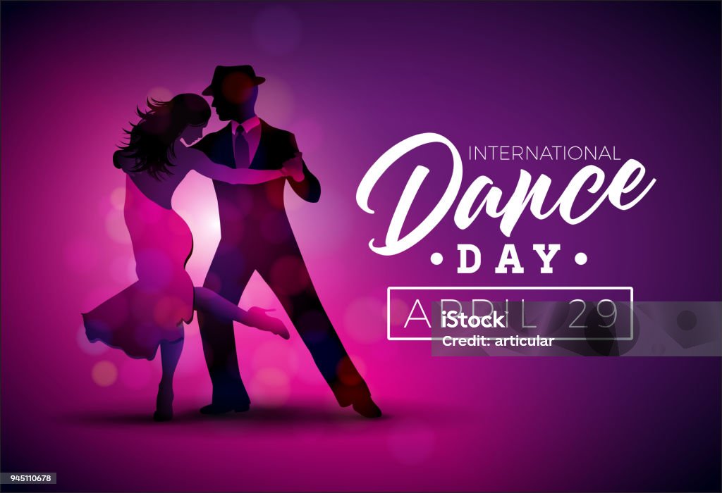 International Dance jour Vector Illustration avec tango, danse de couple sur fond violet. Modèle de conception de bannière, flyer, invitation, brochure, affiches ou cartes de voeux. - clipart vectoriel de Danser libre de droits