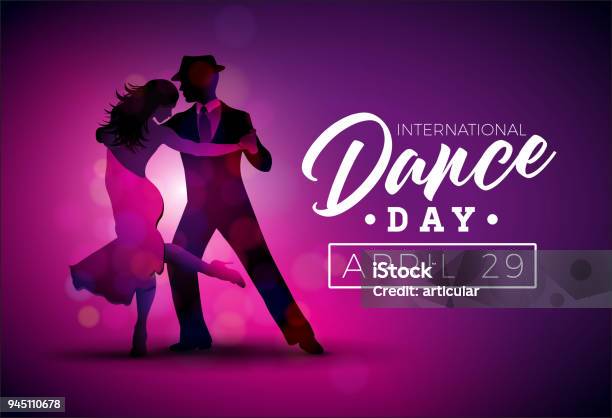 International Dance Jour Vector Illustration Avec Tango Danse De Couple Sur Fond Violet Modèle De Conception De Bannière Flyer Invitation Brochure Affiches Ou Cartes De Voeux Vecteurs libres de droits et plus d'images vectorielles de Danser