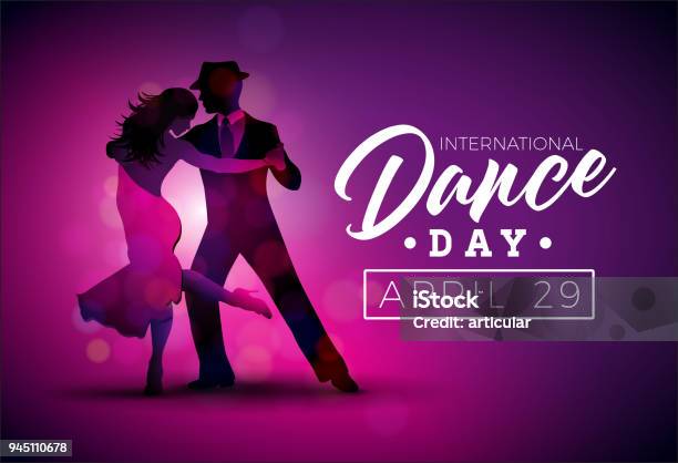 国際ダンス日ベクトル図紫色の背景にカップルをダンスのタンゴでバナーチラシ招待状パンフレットポスターやグリーティング カードのデザイン テンプレートです - ダンスのベクターアート素材や画像を多数ご用意