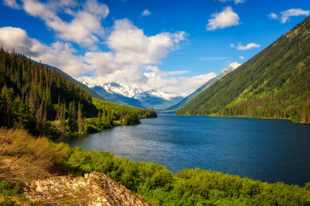 Duffey Lake in British Columbia, Canada. This glacial lake is located along BC Highway 99, also called the Duffey Lake Road, east of the summit of Cayoosh Pass.