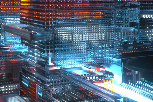Transfering data metaphor. Orange and blue digital files moving on a mother board