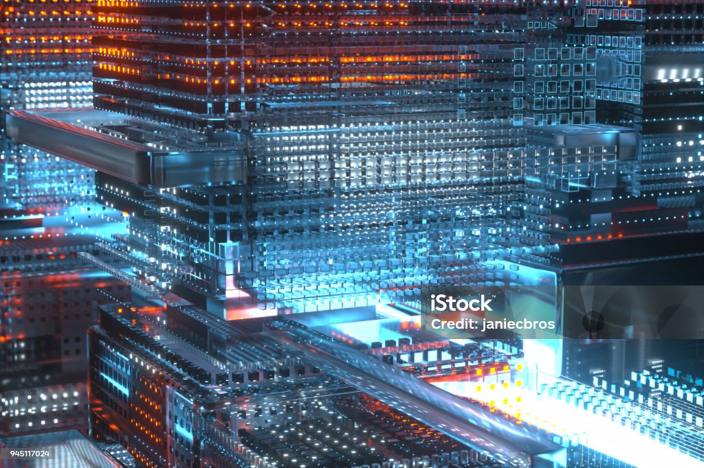 Digital data stream transfer. Futuristic mother board Transfering data metaphor. Orange and blue digital files moving on a mother board City Stock Photo