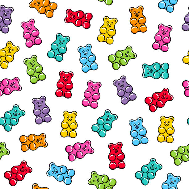 Jelly gummy bears seamless pattern Colorful jelly gummy bears seamless pattern. Sweets background. Hand drawn doodle sketch. gummi bears stock illustrations