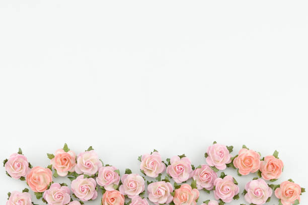 istock Pink and orange paper flowers on white background with copy space 945119352