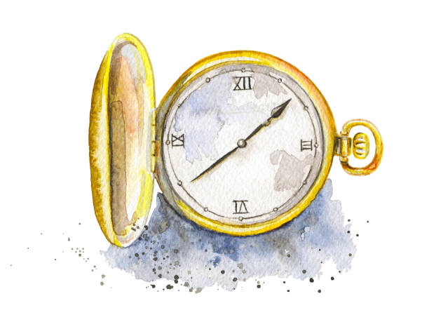 ilustrações, clipart, desenhos animados e ícones de relógio de bolso dourado aquarela - pocket watch watch clock pocket