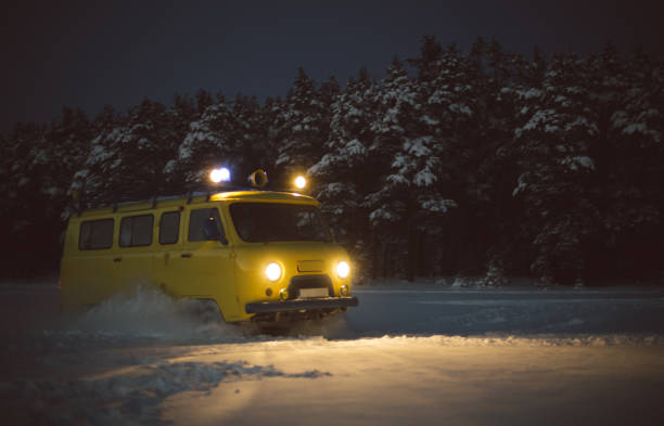 istock vintage ussr yellow van winter snow forest 945129592