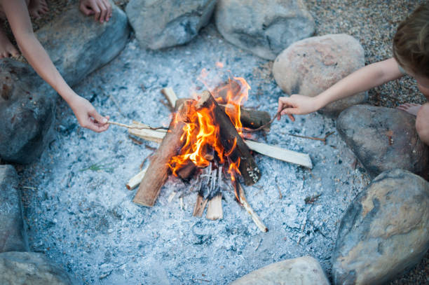 A high angle view of a camping fire between rocks burning with a flame and two young people's arms and hands holding sticks in the flames Gamkaberg Oudtshoorn South Africa