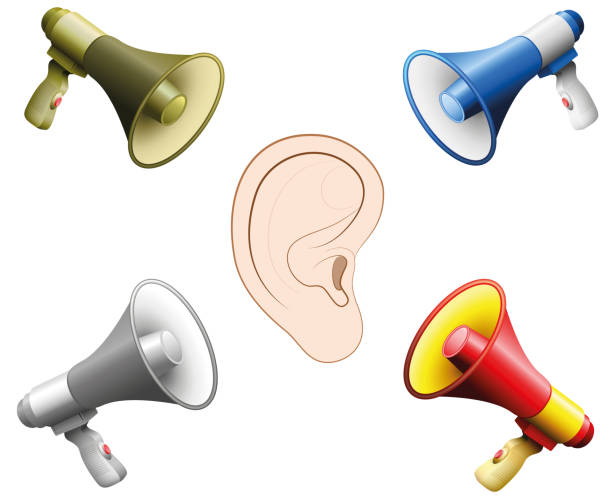 istock Hearing damage caused by too loud noise. Symbolic illustration for hearing damage, tinnitus, hearing disorder, mental stress because of yelling megaphones- isolated vector on white background. 945135352