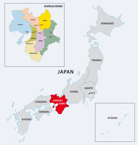 ilustraciones, imágenes clip art, dibujos animados e iconos de stock de mapa de administrativo y político de kinki región japón - chubu region