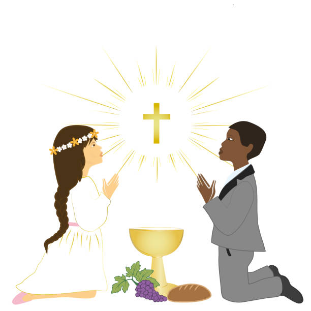 Ilustración de Multirracial Niño Y Niña Rezando De Rodillas Y Recibe La Eucaristía y más Vectores Libres de Derechos de A la moda - iStock Ilustración de Multirracial Niño Y Niña Rezando De Rodillas Y Recibe La Eucaristía y más Vectores Libres de Derechos de A la moda - iStock