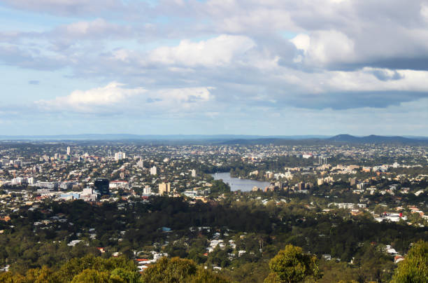 Looking down on Brisbane Australia CBD and Brisbane River from Mt Cootha overlook