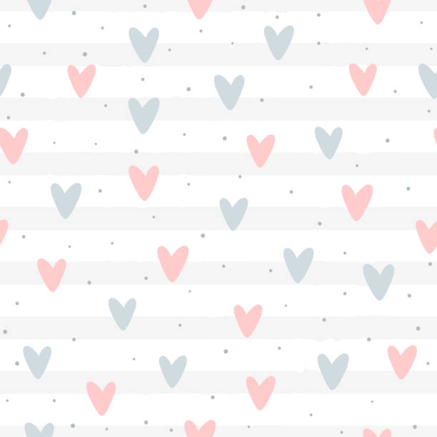 Repeated hearts and round dots on striped background. Romantic seamless pattern. Cute endless print. Drawn by hand. vector art illustration