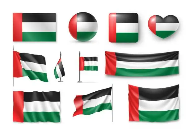 Vector illustration of Set United Arab Emirates flags, banners, banners, symbols, flat icon