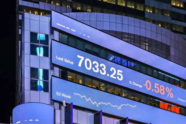 Photo of Exterior view of a large info graphics screen showing stock market values.