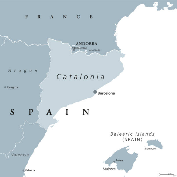 Catalonia autonomous community of Spain, gray map Catalonia political map with capital Barcelona and borders. Autonomous community of Spain on the northeastern extremity of Iberian Peninsula. English labeling. Gray illustration over white. Vector. andorra map stock illustrations