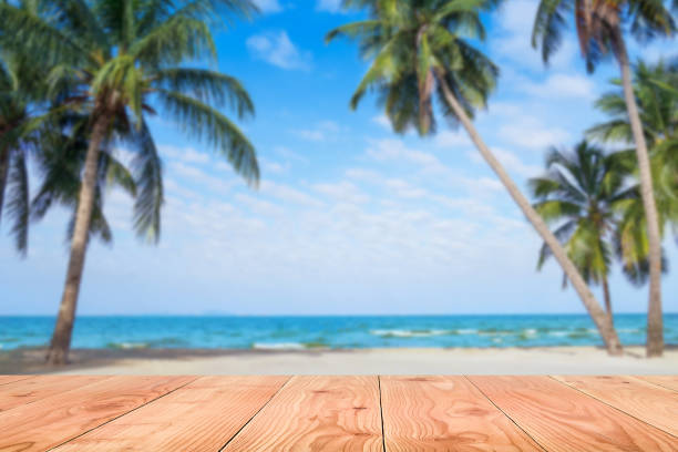 istock Wooden table in front of abstract blurred sea & coconut tree background. For present your products. Summer Concept 945160098