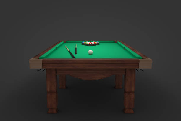 istock 3d rendering of a billiards table with two cue sticks and a rack with balls on its surface 945169786