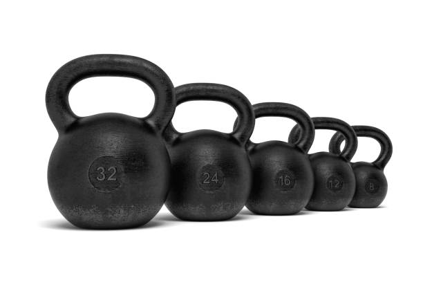 istock 3d rendering of five black iron kettlebells in a single line with different weight stamps of 32, 24, 16, 12 and 8 kg 945169910
