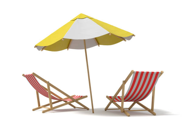 istock 3d rendering of a white and yellow beach umbrella standing above two deck chairs 945170022